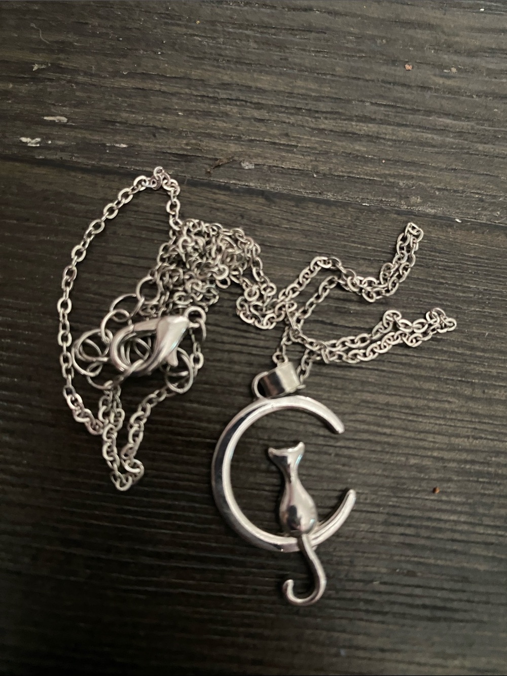 Sterling Silver Cat on Crescent Moon Pendant Necklace